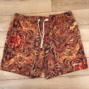 BAMBOO AVE Tan Black Orange Paint Splatter Sz Large Mens Athletic Workout Shorts